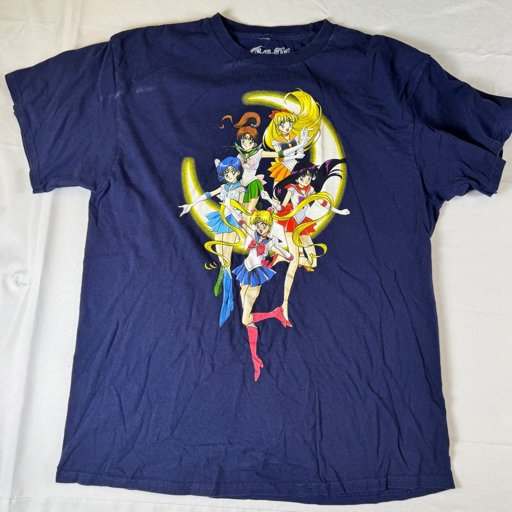 Sailor Moon Anime Graphic T Shirt Men's Size Large Navy Blue Cotton